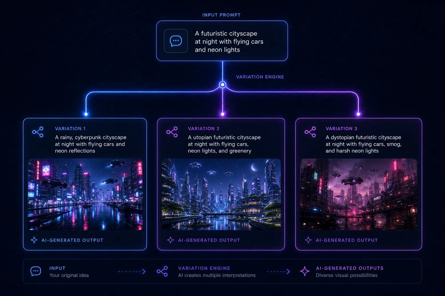 Three AI video prompt generator output variations shown for user selection